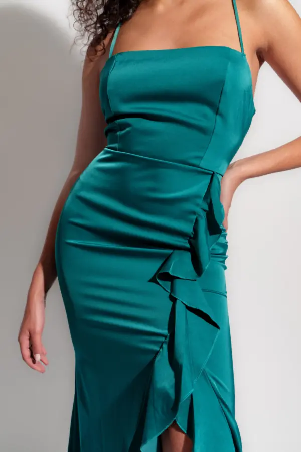 Maxi Satin Asymmetric Dress With Ruffles And Open Back With Laces - Image 3