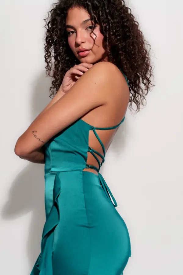 Maxi Satin Asymmetric Dress With Ruffles And Open Back With Laces - Image 4