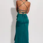 Maxi Satin Asymmetric Dress With Ruffles And Open Back With Laces - Image 5