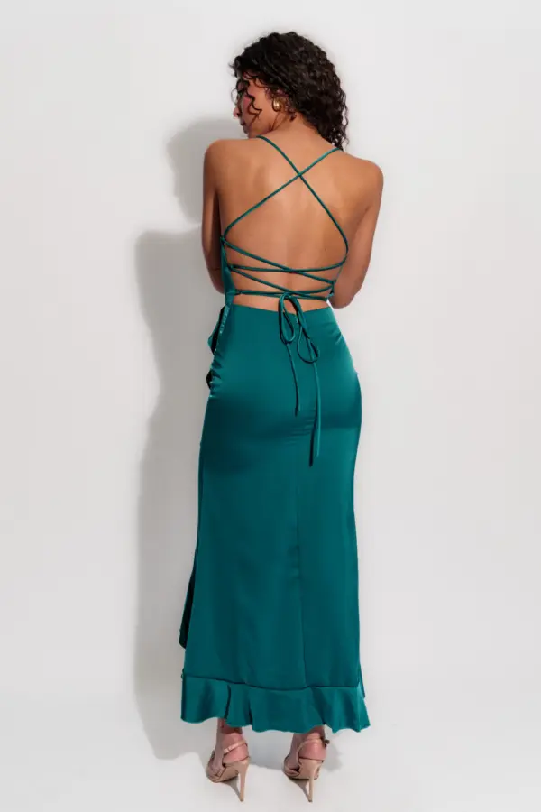 Maxi Satin Asymmetric Dress With Ruffles And Open Back With Laces - Image 5