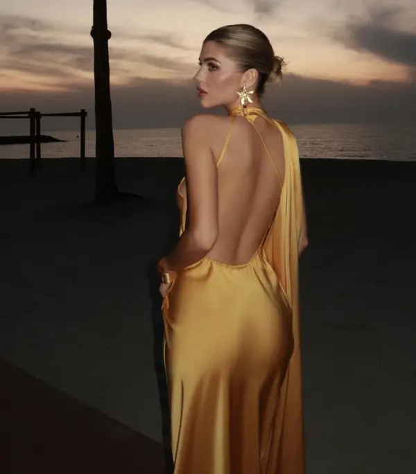 Maxi Satin Dress Tied At The Neck With Laces And Scarf