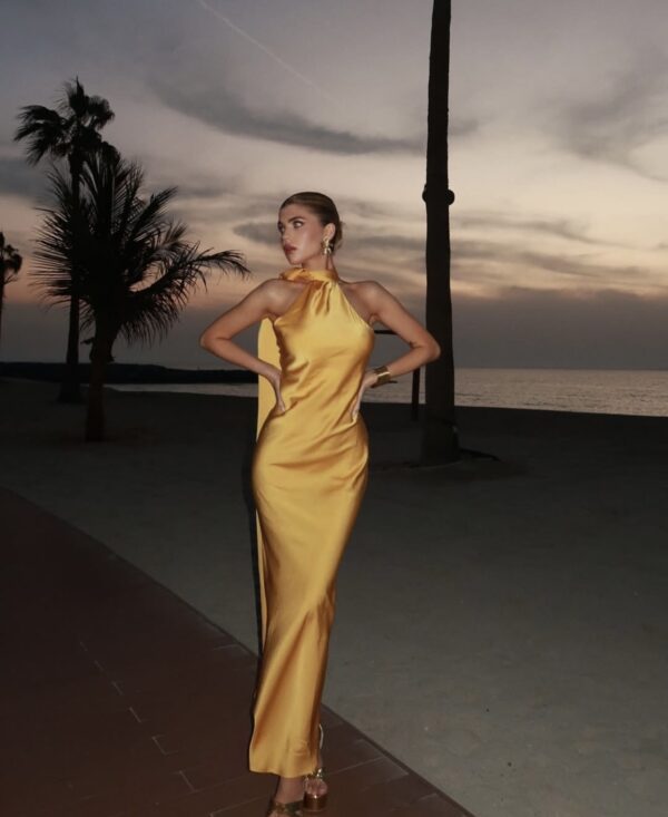Maxi Satin Dress Tied At The Neck With Laces And Scarf - Image 3