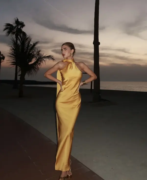 Maxi Satin Dress Tied At The Neck With Laces And Scarf - Image 3