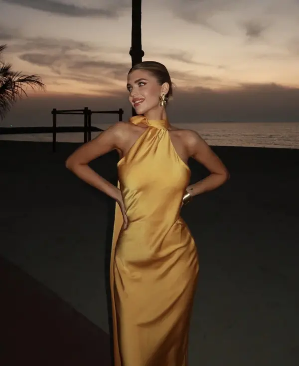 Maxi Satin Dress Tied At The Neck With Laces And Scarf - Image 2