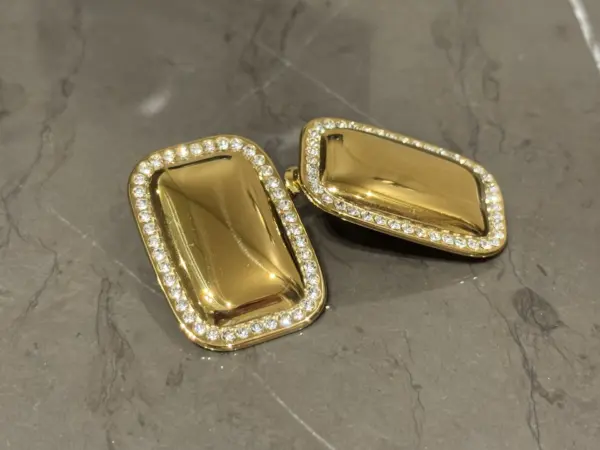 Rectangular Earrings With Rhinestones Around And Round Corners - Image 2