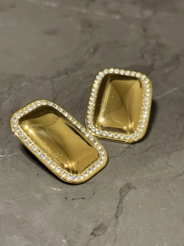 Rectangular Earrings With Rhinestones Around And Round Corners