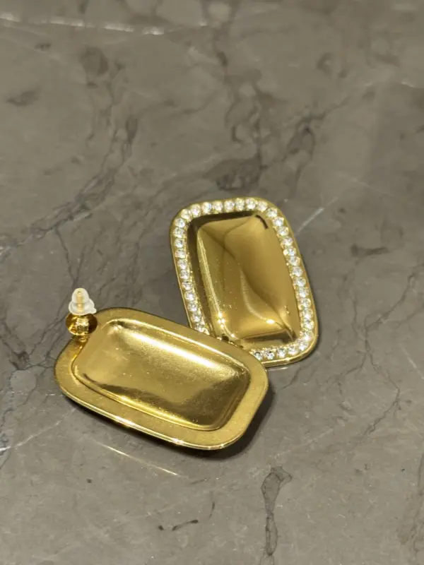 Rectangular Earrings With Rhinestones Around And Round Corners - Image 3