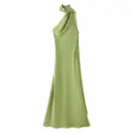 Maxi Satin Dress Tied At The Neck With Laces And Scarf - Image 5