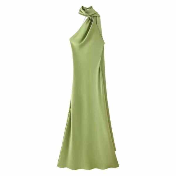 Maxi Satin Dress Tied At The Neck With Laces And Scarf - Image 5