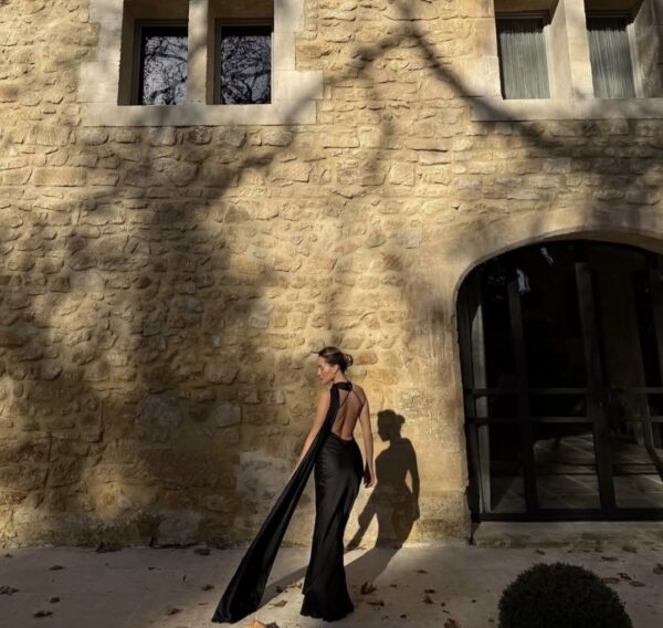 Maxi Satin Dress Tied At The Neck With Laces And Scarf- Black