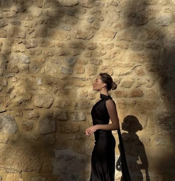 Maxi Satin Dress Tied At The Neck With Laces And Scarf- Black - Image 2