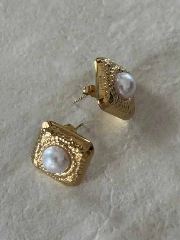 Square Steel Earrings With Pearl