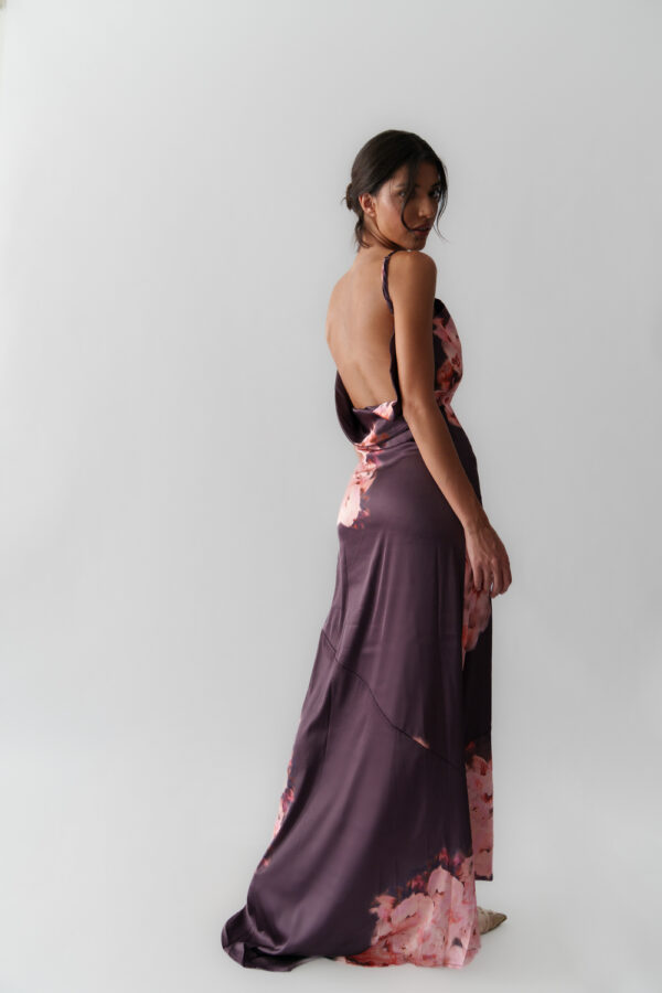 Maxi Dress With Draped Open Back And Decorated Flowers