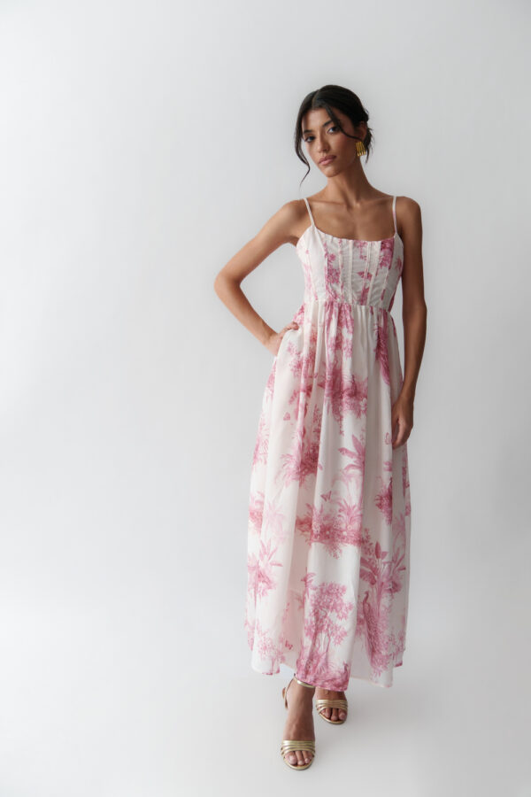 Maxi Dress With Straps, Corset Effect And Floral Print