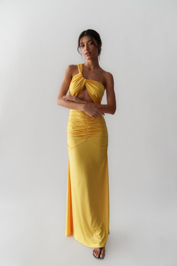 Maxi Fitted Dress With Sash On The Front And One Shoulder