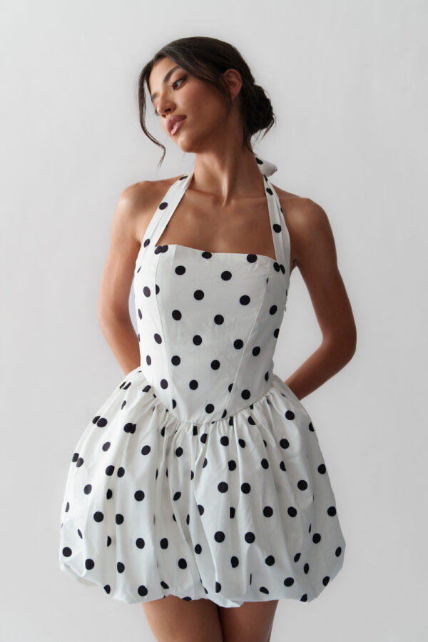 Mini Balloon Polka Dot Dress With Tie Neck And Open Back