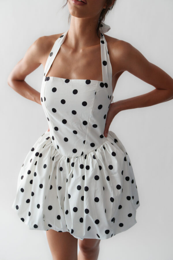 Mini Balloon Polka Dot Dress With Tie Neck And Open Back - Image 3