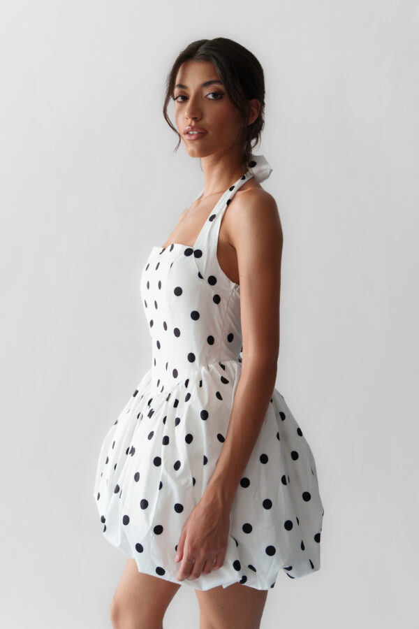 Mini Balloon Polka Dot Dress With Tie Neck And Open Back - Image 4