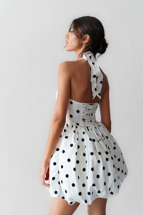 Mini Balloon Polka Dot Dress With Tie Neck And Open Back - Image 5