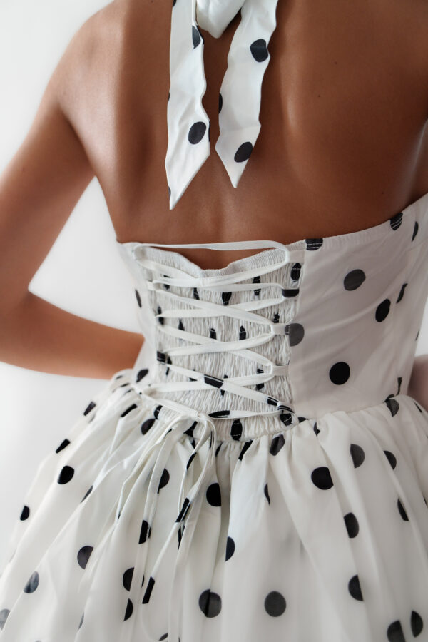 Mini Balloon Polka Dot Dress With Tie Neck And Open Back - Image 6