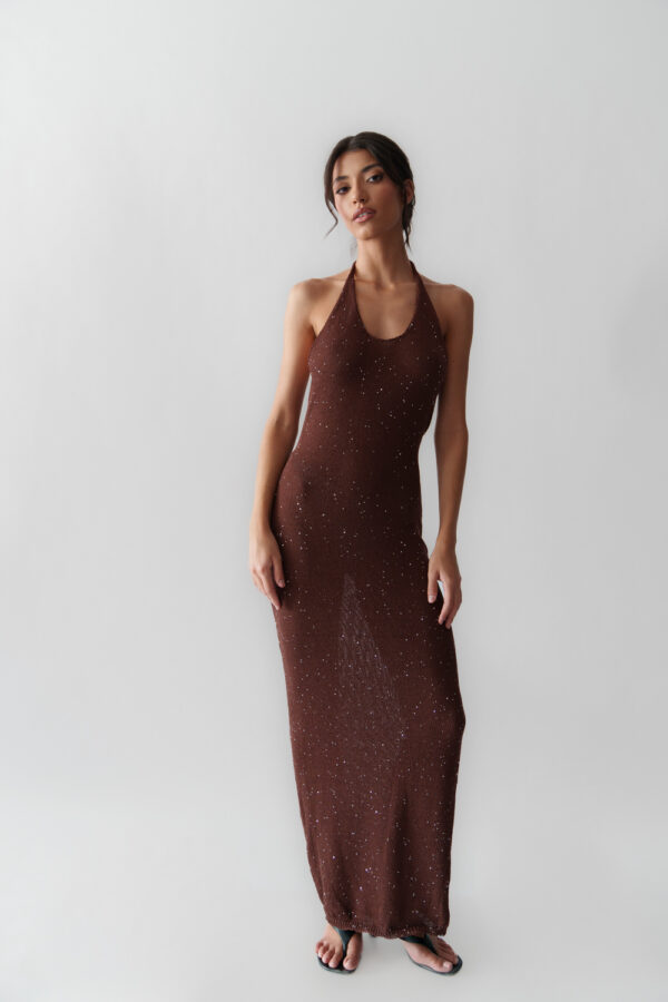 Maxi Knitted Transparent Dress With Sequins, Tie Neck And Open Back