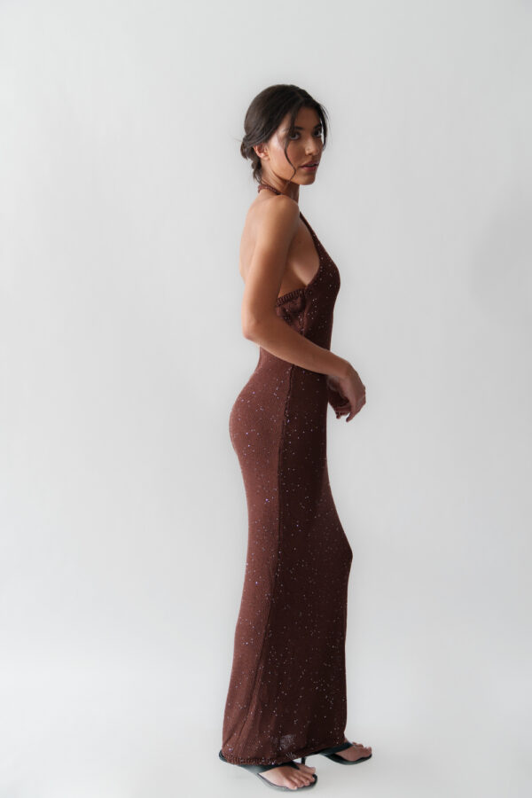 Maxi Knitted Transparent Dress With Sequins, Tie Neck And Open Back - Image 3