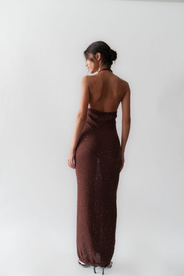 Maxi Knitted Transparent Dress With Sequins, Tie Neck And Open Back - Image 4