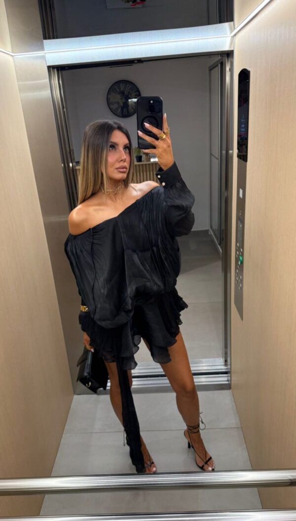 Mini Μακρυμάνικο Φόρεμα Με Εφέ Πλισέ Πουκάμισο Και Φούστα Με Βολάν-Μαύρο - Image 3