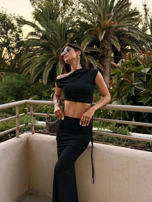 Co-Ord Set - Sleeveless Crop Top And Maxi Skirt With Lace Up Details-Black