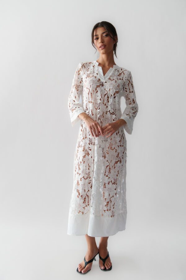 Maxi Perforated Kippur Dress With V-Neck