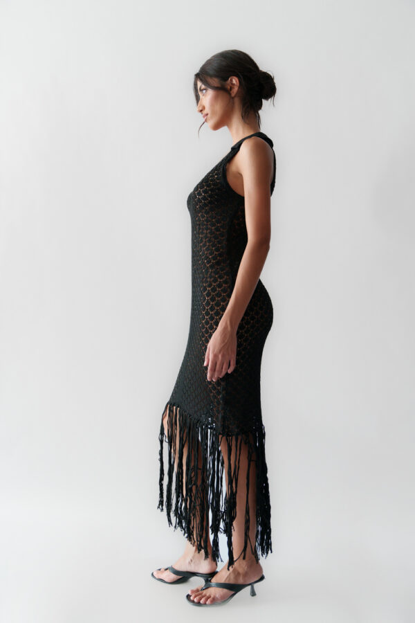Midi Sleeveless Knitted TransparentDress With Fringes At The End - Image 3