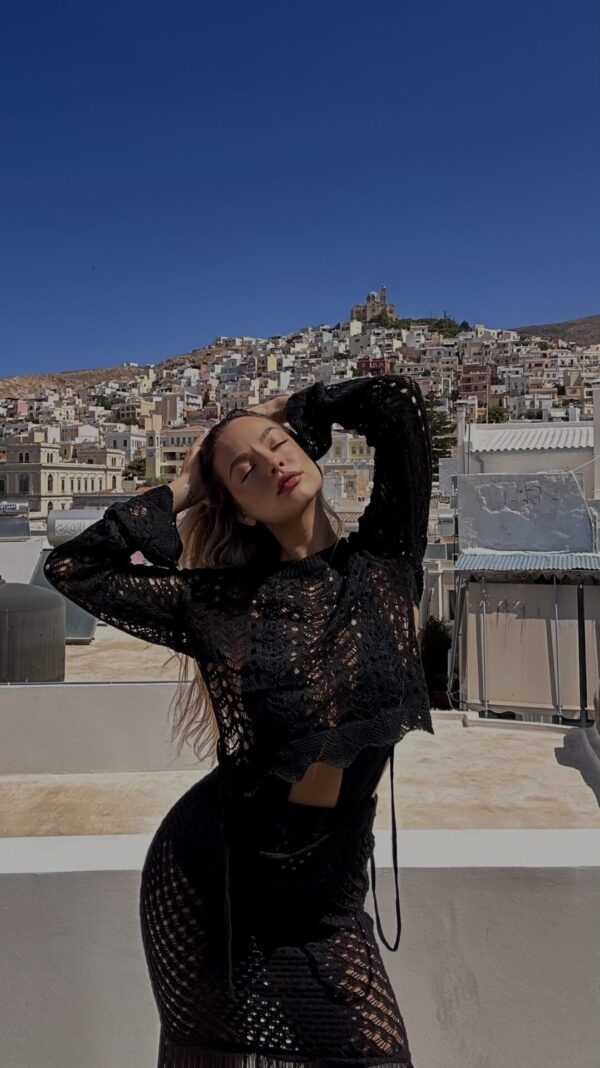SHEER PERFECTION Handmade Crochet Long-Sleeved Top With Open Back-Black - Image 2