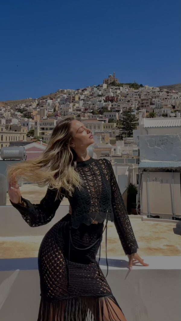 SHEER PERFECTION Handmade Crochet Long-Sleeved Top With Open Back-Black