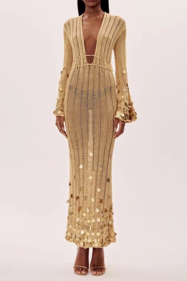 Maxi Μακρυμάνικο Πλεκτό See-through Φόρεμα Με Χρυσές Λεπτομέρειες Στο Τελείωμα Και Στα Μανίκια