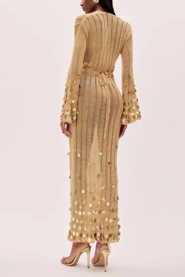 Maxi Μακρυμάνικο Πλεκτό See-through Φόρεμα Με Χρυσές Λεπτομέρειες Στο Τελείωμα Και Στα Μανίκια - Image 3