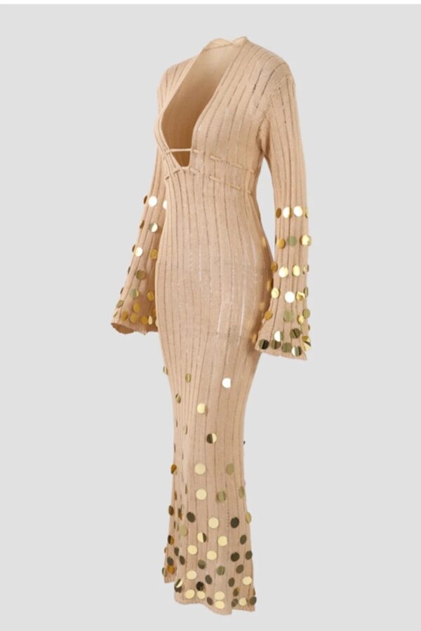 Maxi Long Sleeve Knitted Perforated Dress With Gold Details On The Trim And Sleeves - Image 5