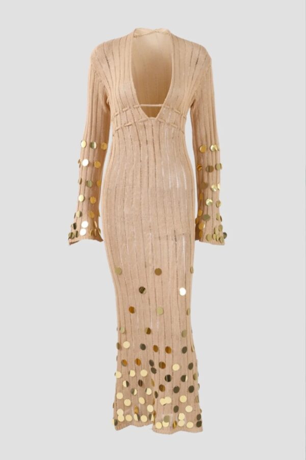 Maxi Long Sleeve Knitted Perforated Dress With Gold Details On The Trim And Sleeves - Image 4