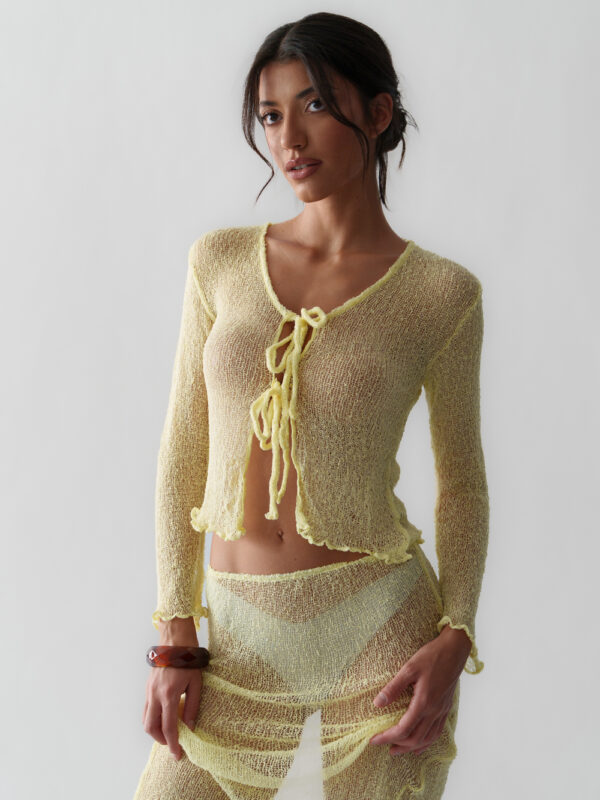 MIMOSA Sheer Lace Up Long Sleeve Crop Top-Butter Yellow