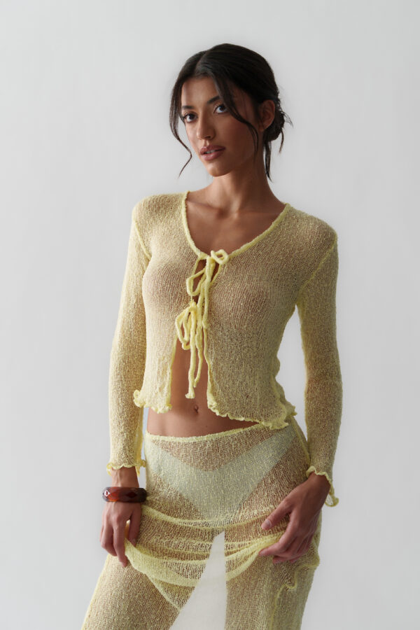 MIMOSA Αραχνοΰφαντο Διάφανο Μακρυμάνικο Crop Top Με Κορδόνια- Ανοιχτό Κίτρινο