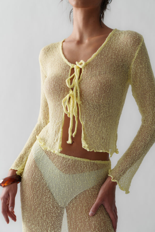 MIMOSA Αραχνοΰφαντο Διάφανο Μακρυμάνικο Crop Top Με Κορδόνια- Ανοιχτό Κίτρινο - Image 3