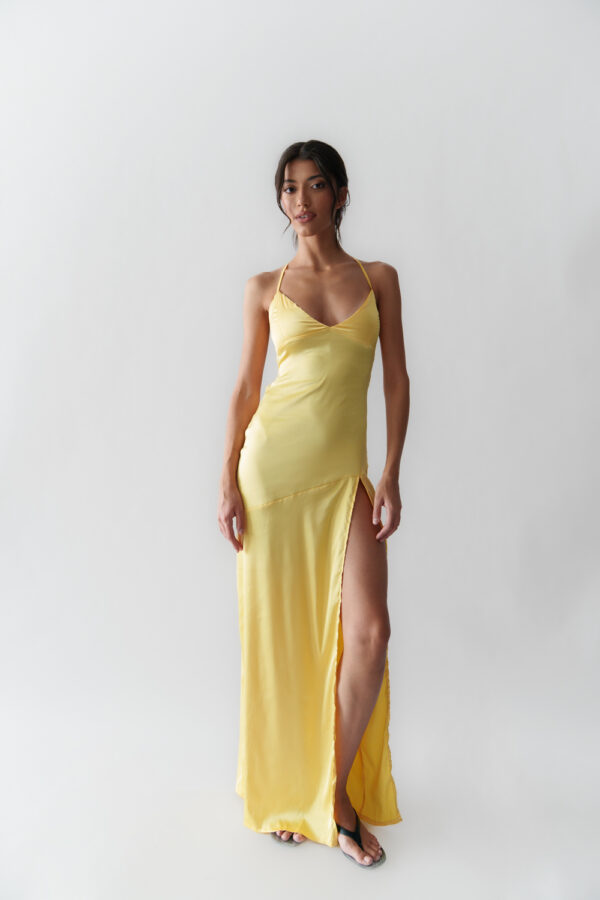 Maxi Satin Dress With Open Bust And Lace Up Back- Yellow