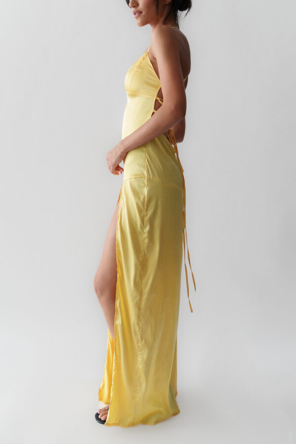Maxi Satin Dress With Open Bust And Lace Up Back- Yellow - Image 3