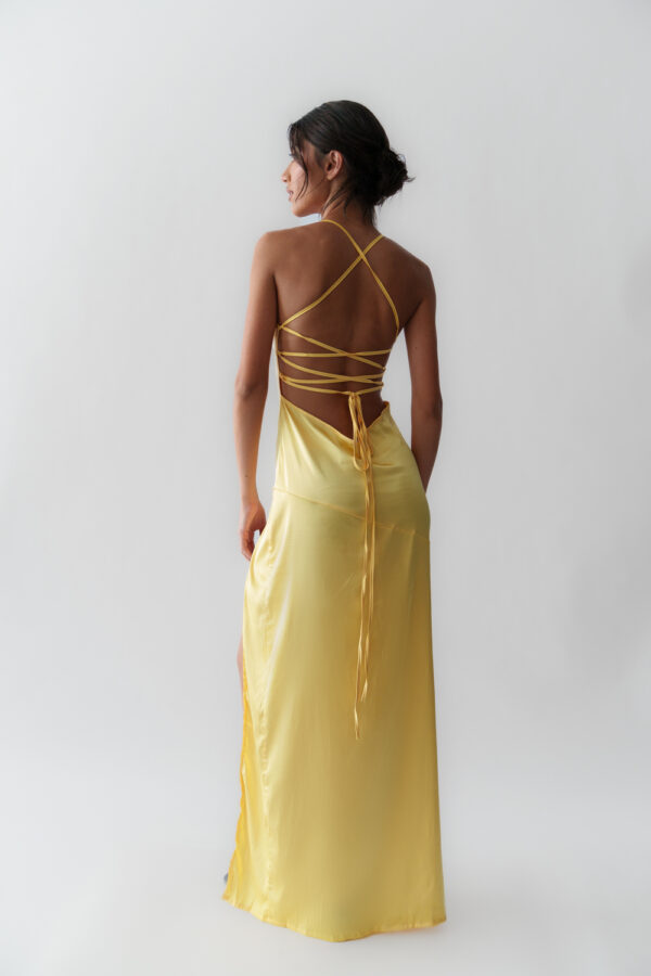 Maxi Satin Dress With Open Bust And Lace Up Back- Yellow - Image 4