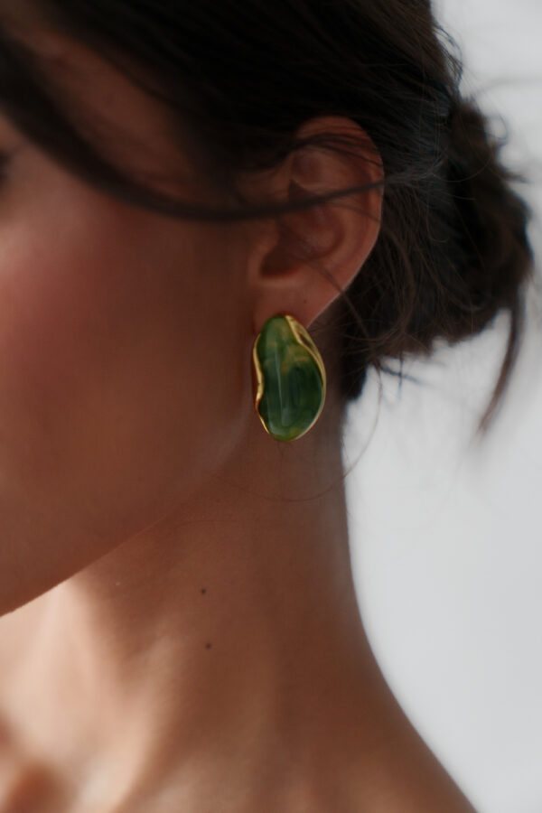 Oval Steel Earrings With Green Stone - Image 2