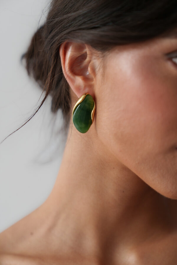 Oval Steel Earrings With Green Stone