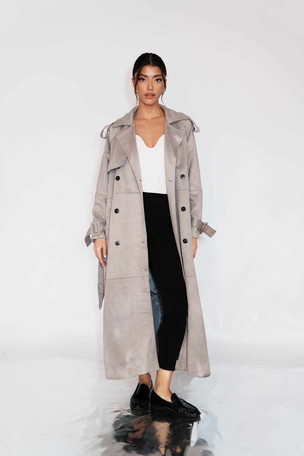 Maxi Καμπαρντίνα Σουέτ Υφή Με Διπλή Σειρά Κουμπιών Και Ζώνη - Γκρι - Image 7