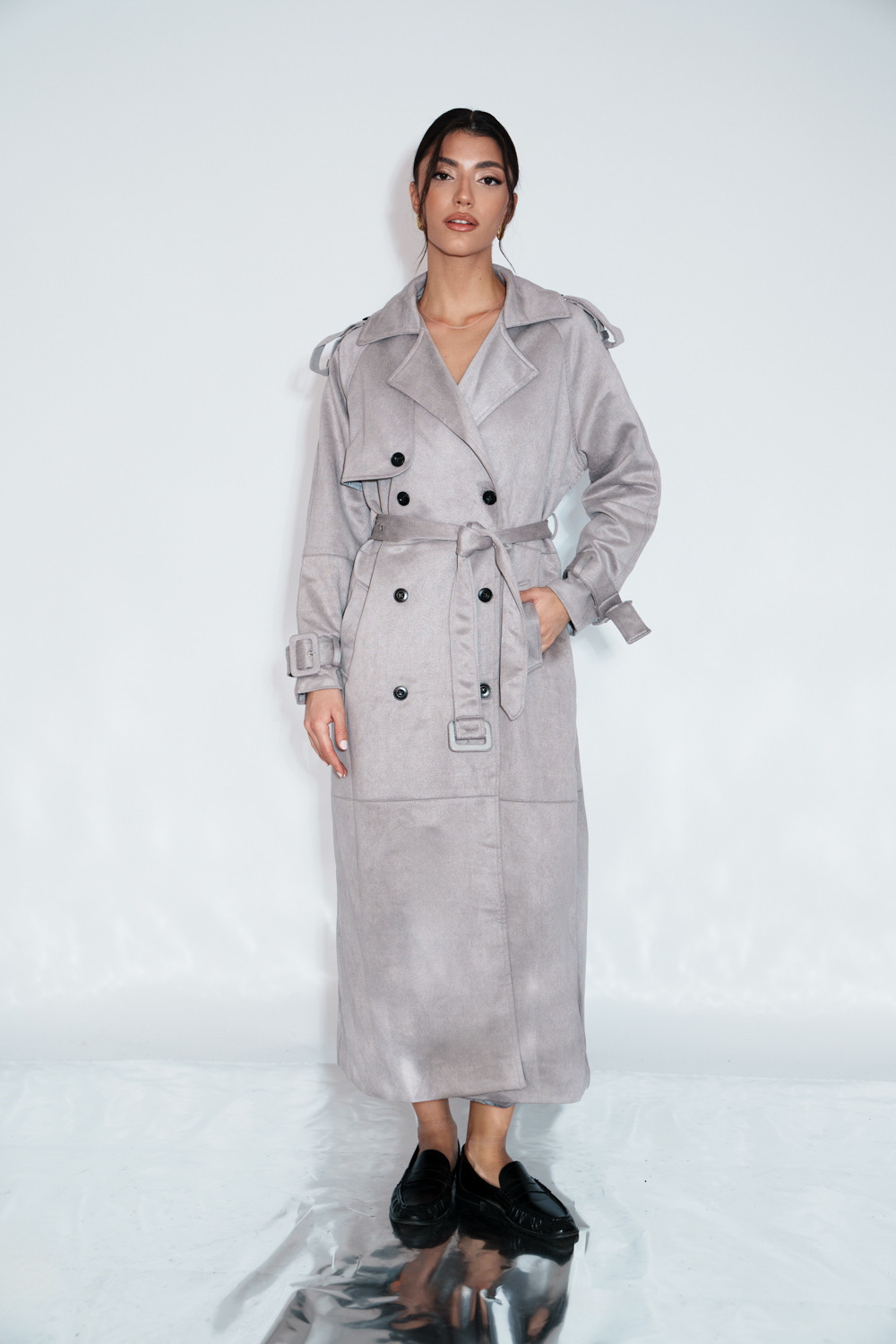 Maxi Καμπαρντίνα Σουέτ Υφή Με Διπλή Σειρά Κουμπιών Και Ζώνη - Γκρι - Image 2