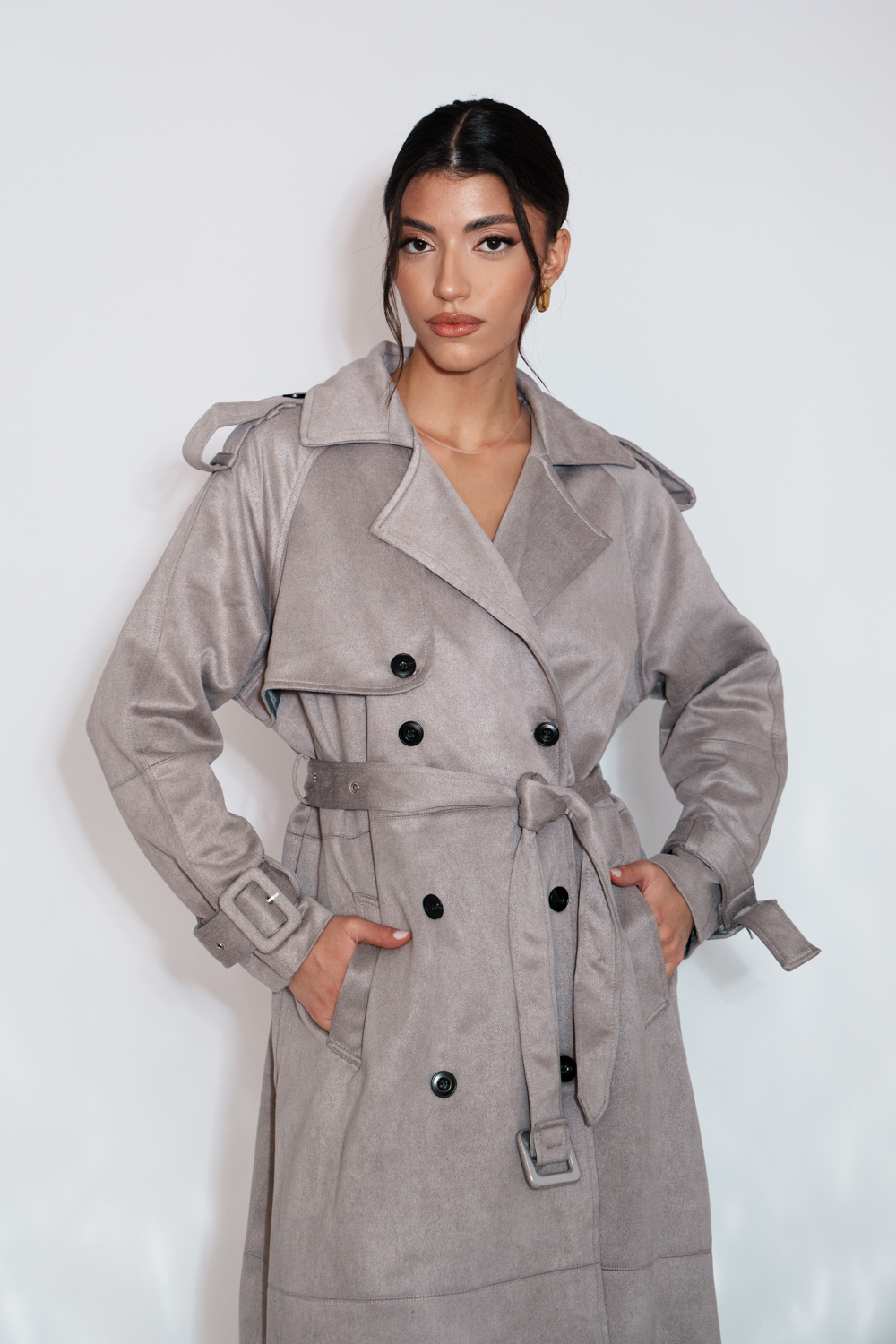 Maxi Καμπαρντίνα Σουέτ Υφή Με Διπλή Σειρά Κουμπιών Και Ζώνη - Γκρι