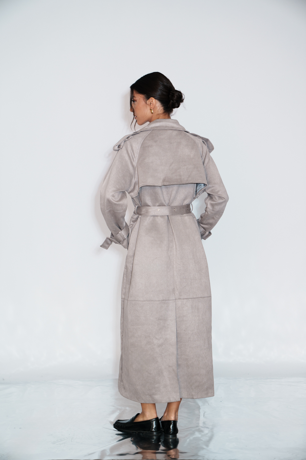 Maxi Καμπαρντίνα Σουέτ Υφή Με Διπλή Σειρά Κουμπιών Και Ζώνη - Γκρι - Image 5