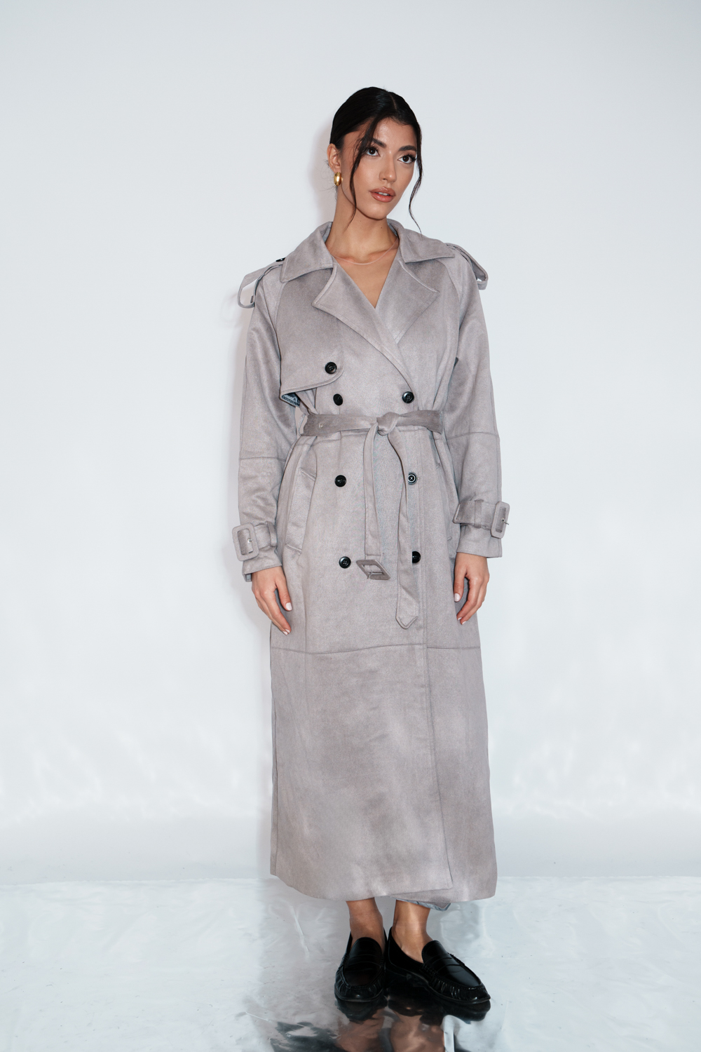 Maxi Καμπαρντίνα Σουέτ Υφή Με Διπλή Σειρά Κουμπιών Και Ζώνη - Γκρι - Image 4